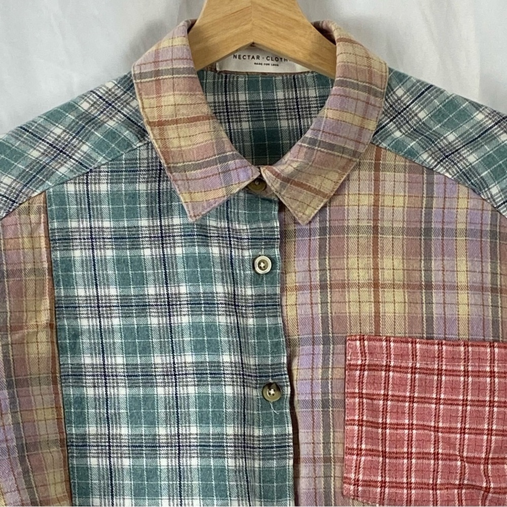 Nectar Clothing Women’s Plaid Patchwork Long Sleeve Cropped Shirt Size Small - Picture 4 of 16
